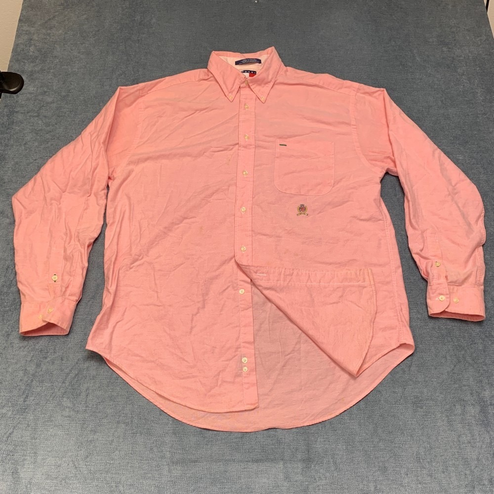 Tommy Hilfiger Shirt Mens Large Pink Cotton Everyday Wear Casual Button Down